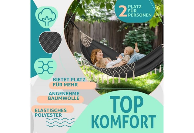KESSER® Hängematte 300kg belastbar 320x150cm max. Belastbarkeit 300 kg 1-2 Personen atmungsaktiv Fransen wetterfest Camping Garten Tuchhängematte