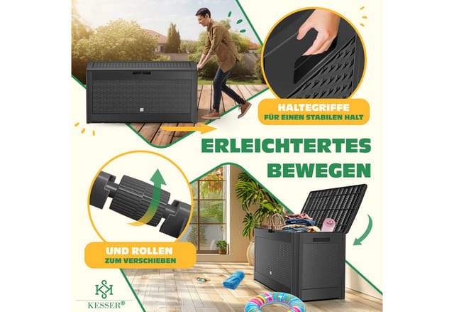 KESSER® Auflagenbox Kissenbox 310 Liter mit Rollen klappbarer Deckel Haltegriffe Rattanoptik Gartenbox wetterfeste Gartenkiste Aufbewahrungsbox