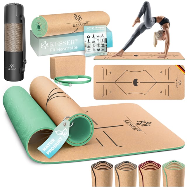 KESSER® Yogamatte Kork Inkl. Tragegurt Tasche & Yoga-Block Gymnastikmatte Yoga Matte rutschfest aus Naturkautschuk TPE Fitnessmatte, 183 x 62 Trainingsmatte für Fitness Sportmatte, Gymnastik extradick