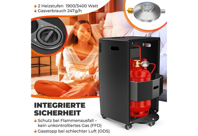 KESSER® Gasheizer Gasheizofen Heizstrahler 3 4 kW Gas Kamin inkl. Gasdruckregler & Gasschlauch 2 Heizstufen Infrarot 3400W Gasheizstrahler Gasheizung