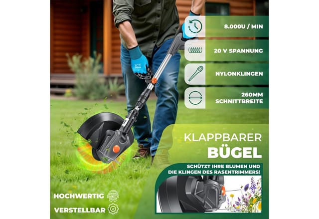 Akku-Rasentrimmer mit 20 v Li-Akku 2 0 Ah Akku und Ladegerät Motorsense 26 cm Schnittkreis 180° Trimmwinkel Teleskop-Stiel & Zusatzhandgriff Grau