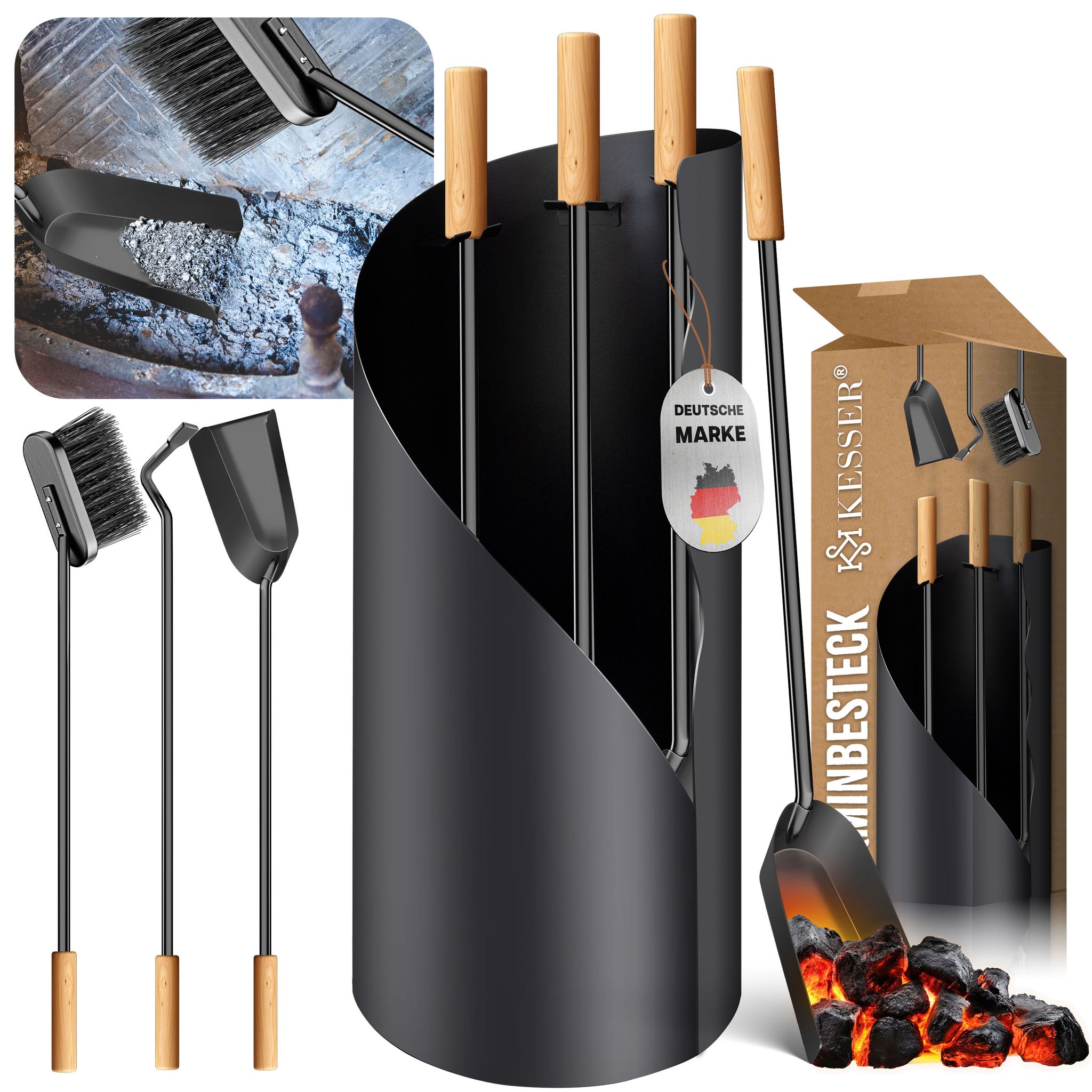 Kaminbesteck Set 4-teiliges Kaminzubehör – Modern Design Beschichtet Hochwertige Kamingarnitur Aus 4 Teilen: Besen Schaufel Schürhaken Anthrazit - Kesser