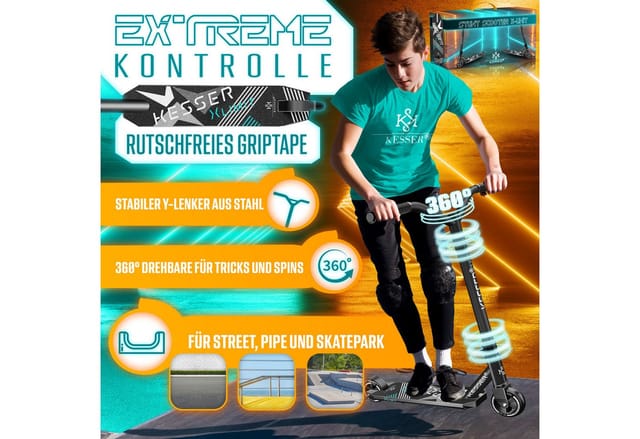 KESSER® Scooter Funscooter Stuntscooter X-Limit - 360° Lenkung mit ABEC 9 Kugellagern 100 mm PU Räder Robuster Kickscooter Tretroller Cityroller Trick Roller für Kinder Erwachsene