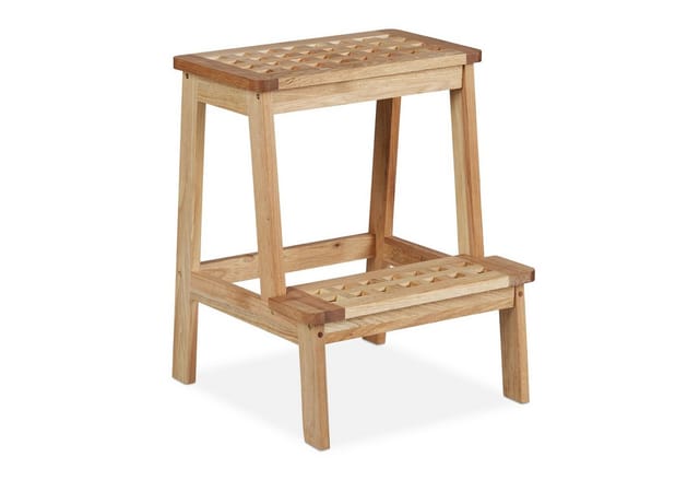 Tritthocker Walnussholz, 2 Stufen, Trittschemel Kinder, bis 60 kg, hbt: 47x38x38 cm, Pflanzenhocker, natur - Relaxdays