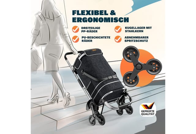 MONZANA® 3in1 Einkaufstrolley klappbar 50 kg Treppensteiger 56L Einkaufshilfe Einkaufsroller schwarz