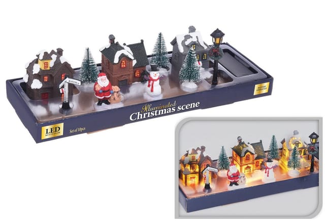 Weihnachtsdorf Szene beleuchtet - 10-teilig - LED Weihnachtsstadt in Blister Geschenkverpackung - Weihnachtsdeko Tischdeko Geschenkidee Batterie