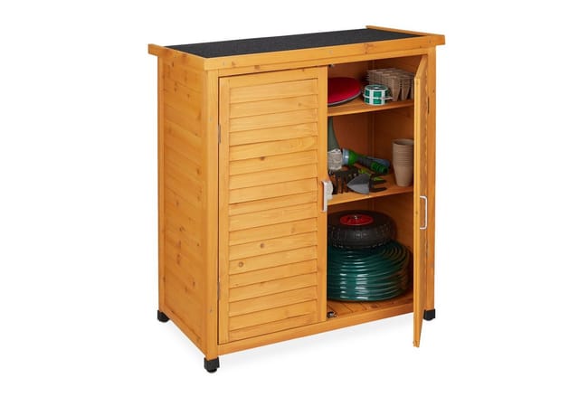 Gartenschrank, 3 Fächer, Flachdach mit Neigung, Doppeltür, hbt: 97 x 86,5 x 47 cm, Werkzeugschrank Holz, natur - Relaxdays