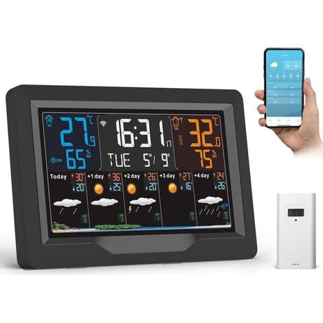 Drahtlose Wetterstation Für Drinnen Und Draußen, Mit Wlan Verbundene Wetterstation Mit 5-tage-vorhersage, 4 Einstellbare Helligkeitsbildschirme, Wetterstation Mit Zeitsensor, Thermometer, Hygrometer,