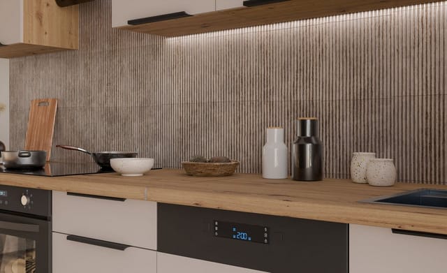 Küchen Preisbombe - Küche solano basic 280 cm Küchenzeile Küchenblock Einbauküche Kaschmir beige matt + Eiche Artisan matt