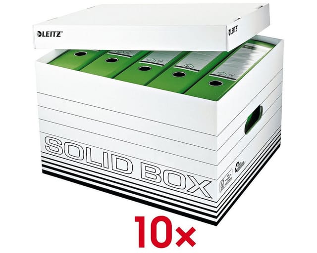 Leitz - Archivbox Solid l 34,6 x 30,5 x 45 cm (b x h x t) din A4 mit Archivdruck Wellpappe 100 % recycelt weiß/schwarz
