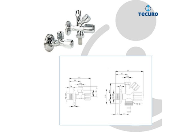 Tecuro - Kombi-Set, Eckventil & WAS-Ventil 1/2 Zoll (selbstdichtend) mit Formgriff