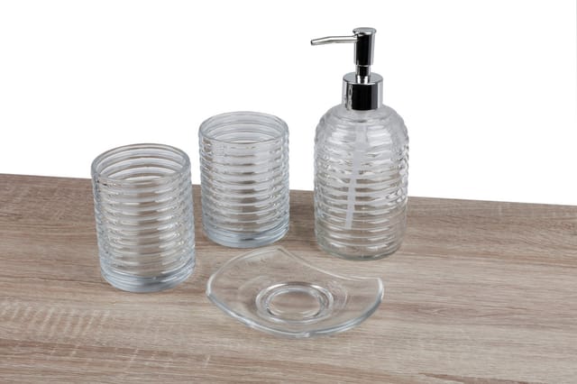 Buri - Badezimmer-Set aus Glas Seifenspender Seifenschale Zahnputzbecher Badaccessoires