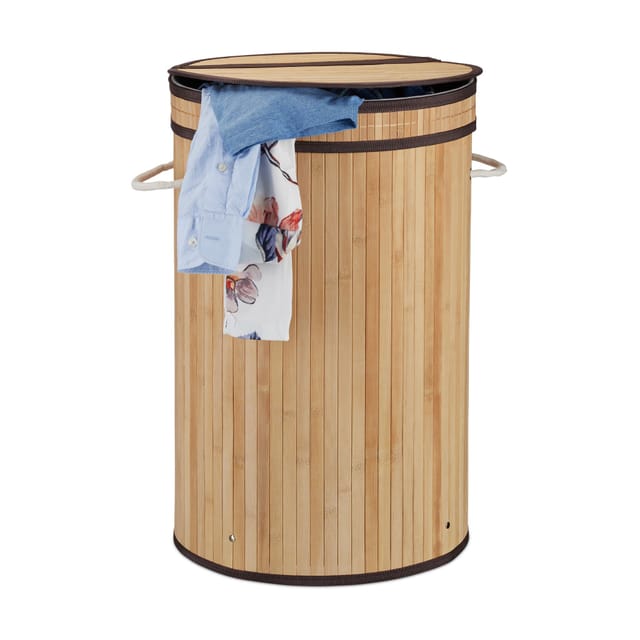 2 x Wäschekorb Bambus, runder Wäschesammler mit Klappdeckel, 65 l, faltbare Wäschetonne, Ø 40 cm, Wäschebehälter, natur
