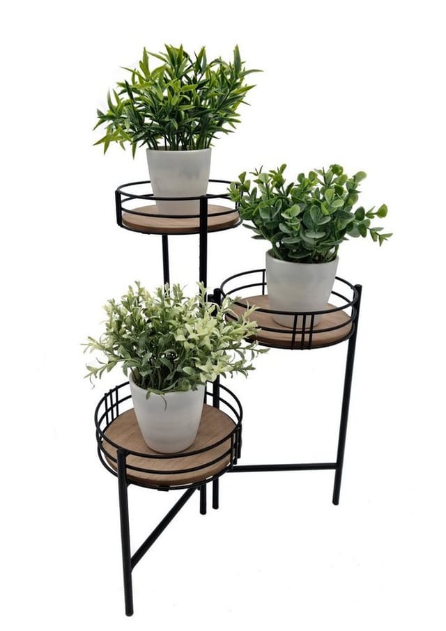 Metall Blumentopfständer klappbar schwarz - mit 3 Holz Ablagen - klappbare Blumentreppe - Blumentopf Planzen Deko Gewürz Ständer