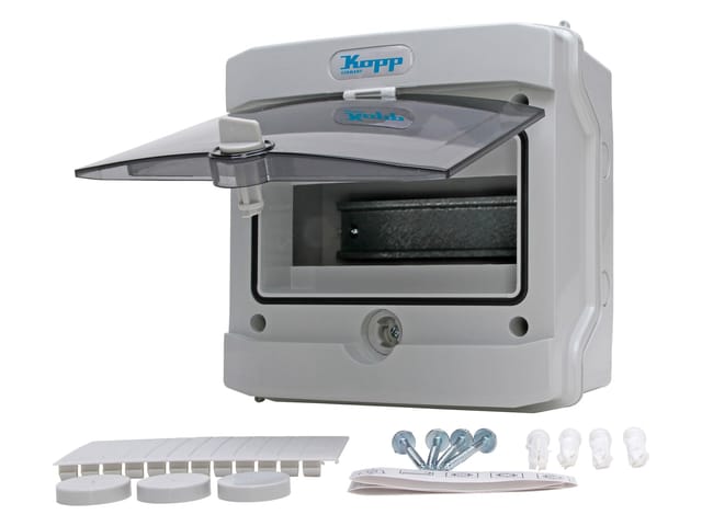 Kopp - Aufputz-Feuchtraum-Verteilerkasten N8D, IP65, mit Tür, 1-reihig, 8 Pole