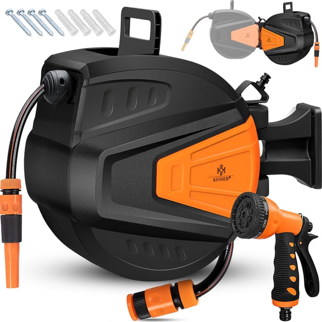 Kesser - Schlauchtrommel Wasser Schlauchaufroller Inkl. 2-wege-verteiler + Multi-handbrause Wasserschlauchtrommel Automatik 180° Schwenkbar Wandhalterung 30 Meter / Orange