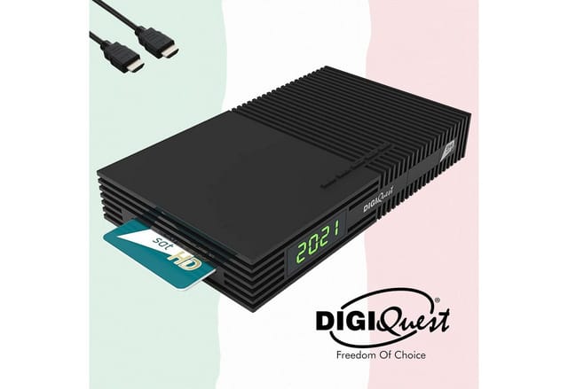 Digiquest Tivùsat Ti9 Decoder, DVB-S2 mit 2-in-1-Fernbedienung, Schwarz, inkl. Tivusat-Karte, de Funktion Aufnahme aktiviert - DAZN Zone-fähiges Gerät