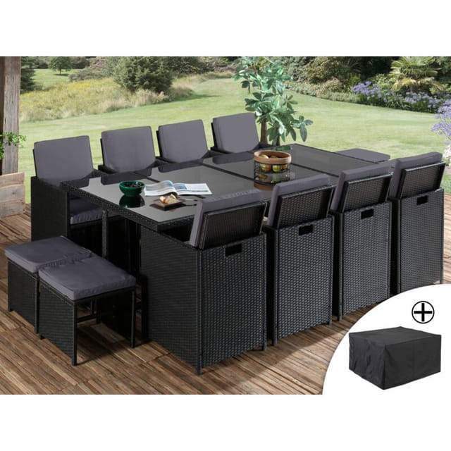 Fira - garten essgruppe 12-sitzer - aus geflochtenem polyrattan - schwarz mit grauen kissen + schutzhülle - schwarz / grau