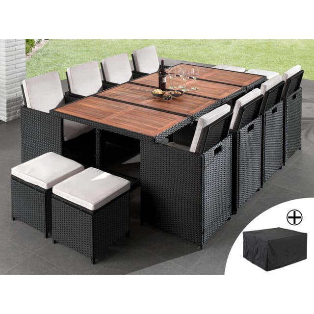 Cuba - garten essgruppe für 12 personen - aus geflochtenem polyrattan - schwarz mit beigen kissen + schutzhülle - beige / schwarz
