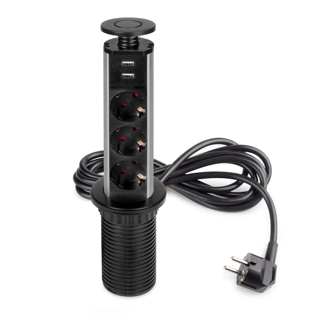 Abnehmbarer Multistecker Vertikal, 3 Schuko-Stecker, 2 usb Typ a, Kunststoff und Aluminium, Schwarz metallic - Emuca