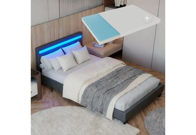 Polsterbett Verona 90x200 cm grau mit Matratze – Einzelbett + LED-Beleuchtung, Lattenrost & Kopfteil – Bett aus Holz & Stoff-Bezug - Juskys