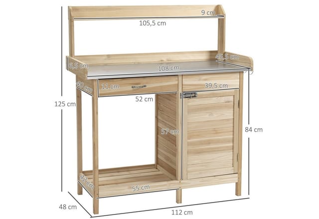 Outsunny Pflanztisch mit verzinkter Arbeitsplatte Gärtnertisch mit Schublade Schrank Garten Arbeitstisch Massivholz Natur 112 x 48 x 125 cm