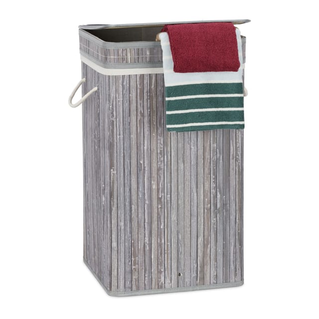 3 x Wäschekorb Bambus, faltbar & tragbar, XL, 70l, mit Deckel, eckiger Wäschesammler, HxBxT: 63 x 36 x 36 cm, grau