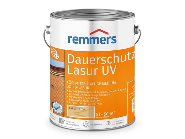 Dauerschutz-Lasur uv farblos, 5 Liter, Holz UV-Schutz für außen, auch für helle Farbtöne und farblos uv+, blockfest, wetterbeständig - Remmers