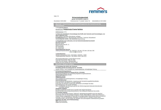 Holzschutz-Creme farblos, 0,75 Liter, tropffreie Holzlasur für aussen, 3facher Holzschutz mit Imprägnierung + Grundierung + Lasur - Remmers