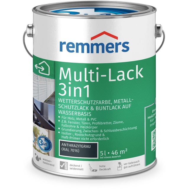 Multi-Lack 3in1 anthrazitgrau (ral 7016), 5 Liter, Wetterschutzfarbe, Metallschutzlack & Buntlack auf Wasserbasis für Holz, Metall & pvc - Remmers