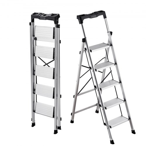 Trittleiter 5 Stufen, Klappleiter Mit Anti-rutsch-stufen & Komfortablem Handgriff, Haushaltsleiter Tragkraft 150 Kg, Aluminium-sicherheitsleiter Für Küche, Lager, Haushalt & Büro, Silber