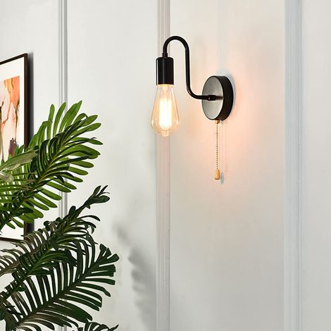 Schwarze Retro-wandleuchte Mit Zugschalter, E27-fassung, Vintage-industrie-stil Für Schlaf- Oder Wohnzimmer, Leuchtmittel Nicht Enthalten
