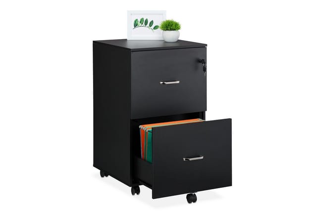 Rollcontainer, 2 Schubladen mit Hängeregister, HxBxT: 72 x 43 x 46 cm, abschließbarer Aktenschrank, schwarz - Relaxdays