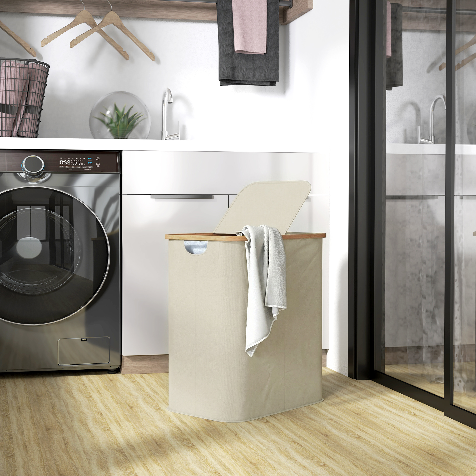 Doppelfaltbarer Wäschekorb (80 L) Mit Deckel, Gerändelten Griffen, Beige