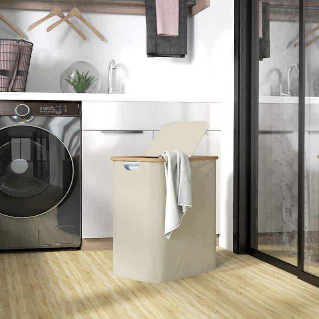 Doppelfaltbarer Wäschekorb (80 L) Mit Deckel, Gerändelten Griffen, Beige