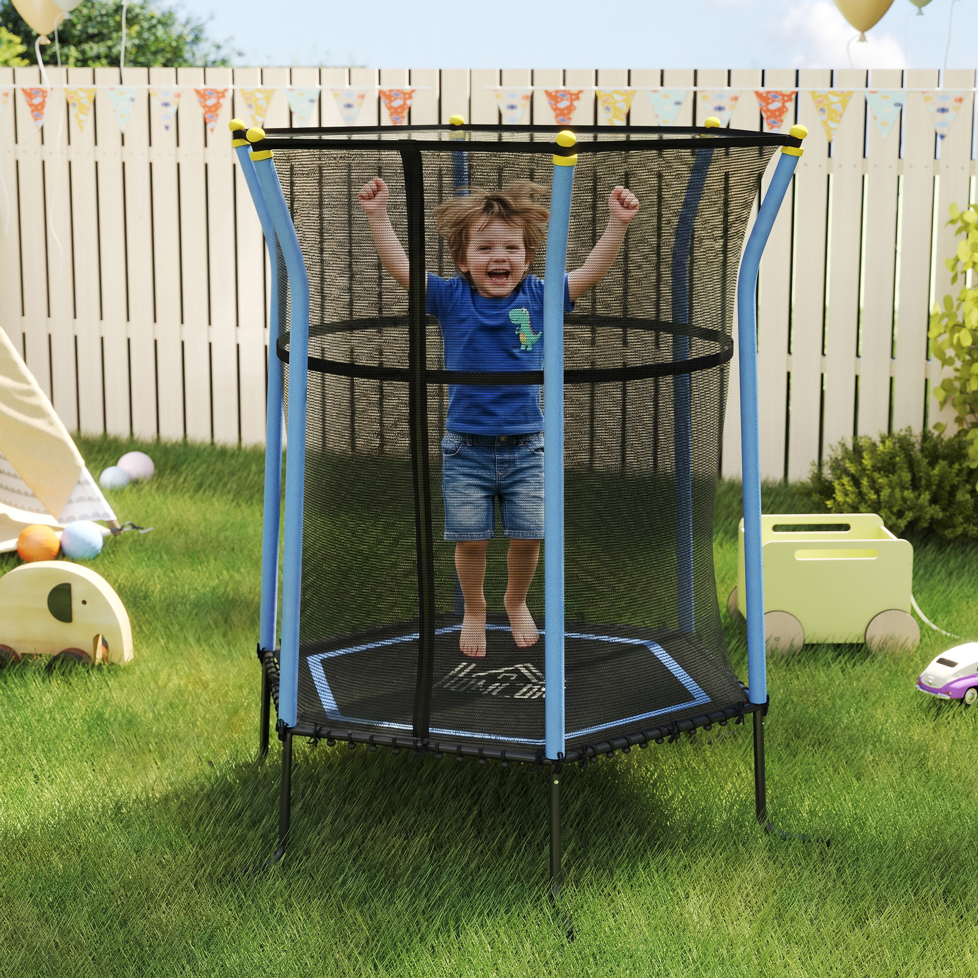 Kindertrampolin Ø 1,63 X 1,9 M Mit Sicherheitsnetz, Tür Mit Reißverschluss Und 6 Gepolsterten Stangen, Blau Und Schwarz