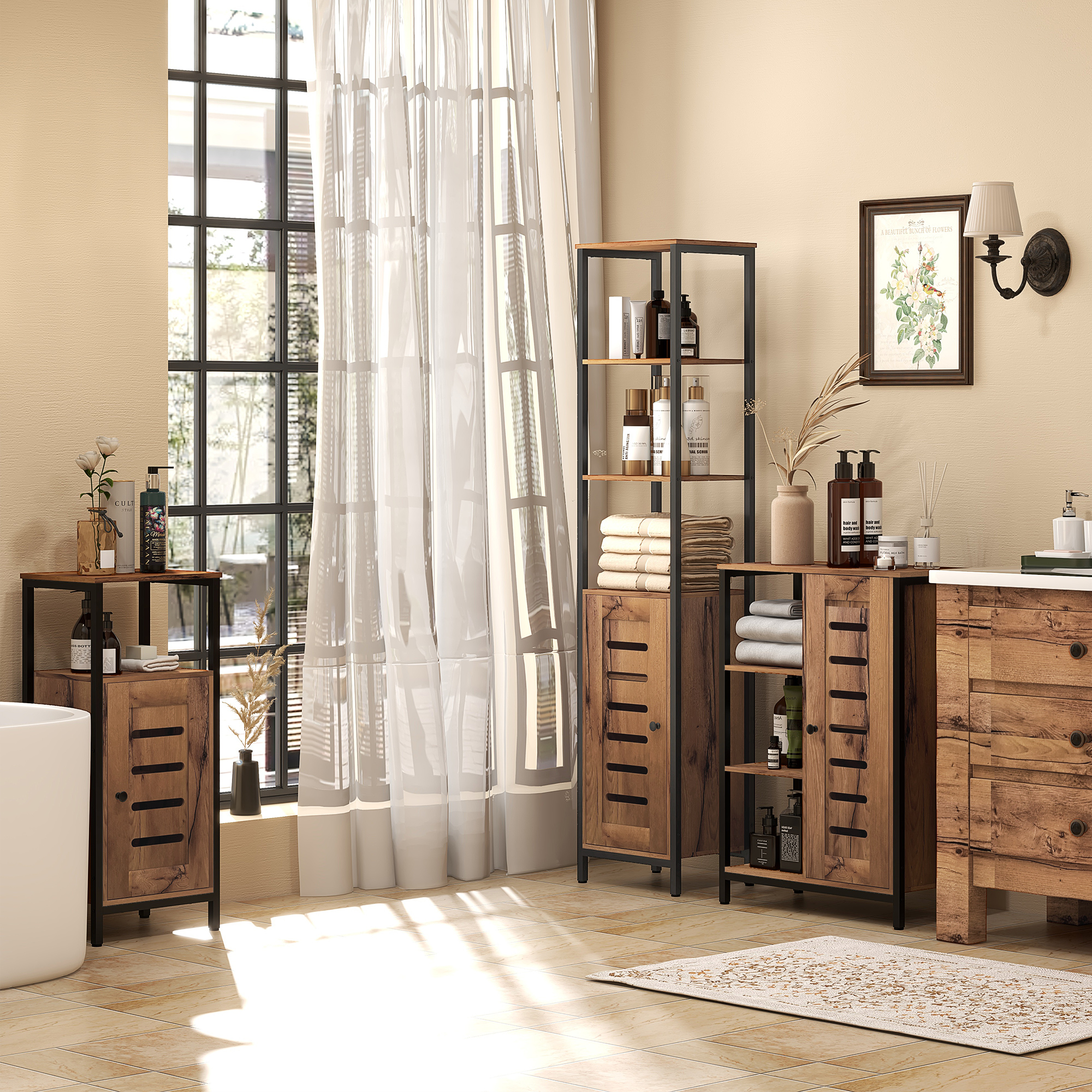 Badezimmerschrank Mit Dämpfer, Stahlrahmen, Offene Nische, 37 X 30 X 85 Cm, Rustikal Braun