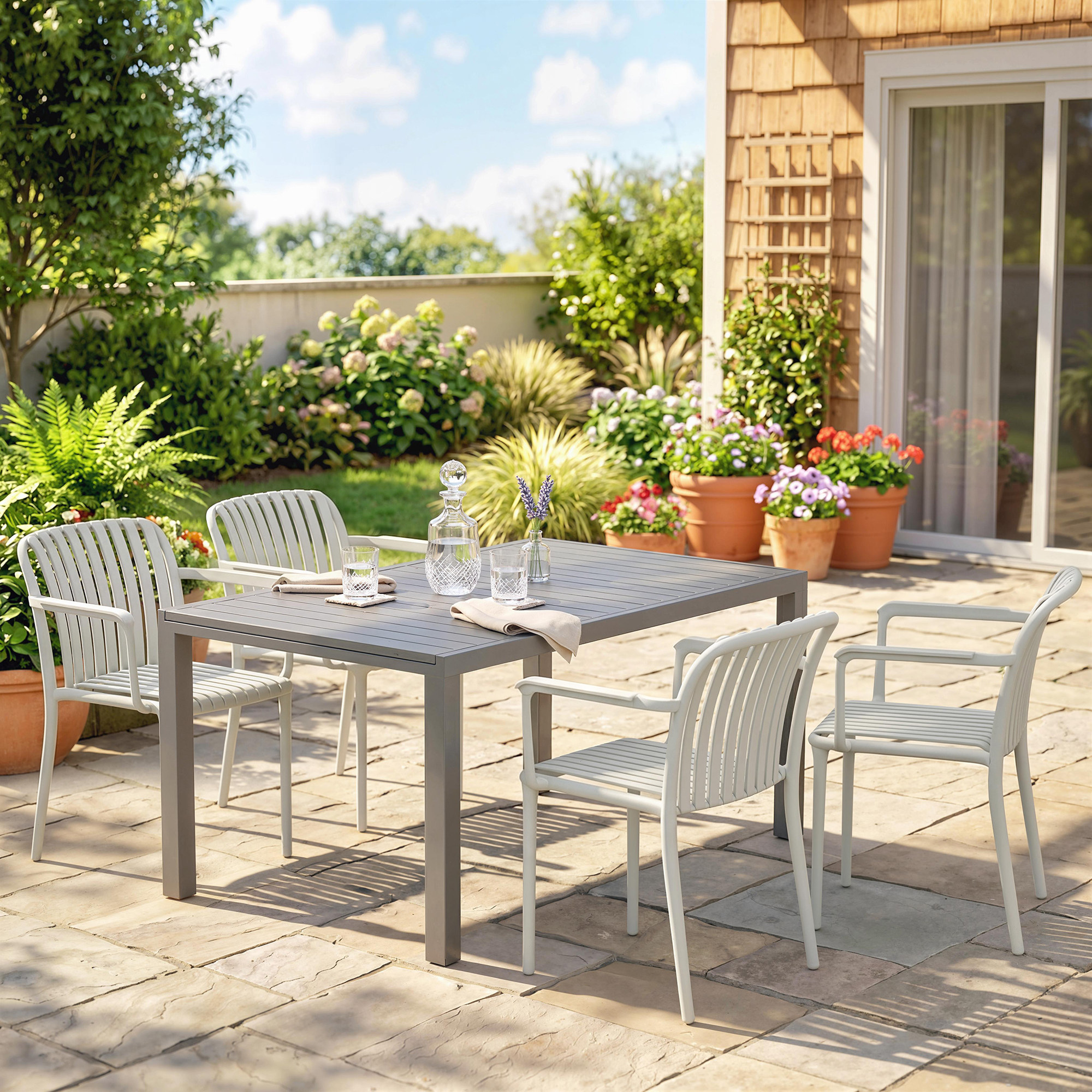 Set Mit 4 Stapelbaren Gartenstühlen Mit Armlehnen, Kunststofflattengestell, Grau