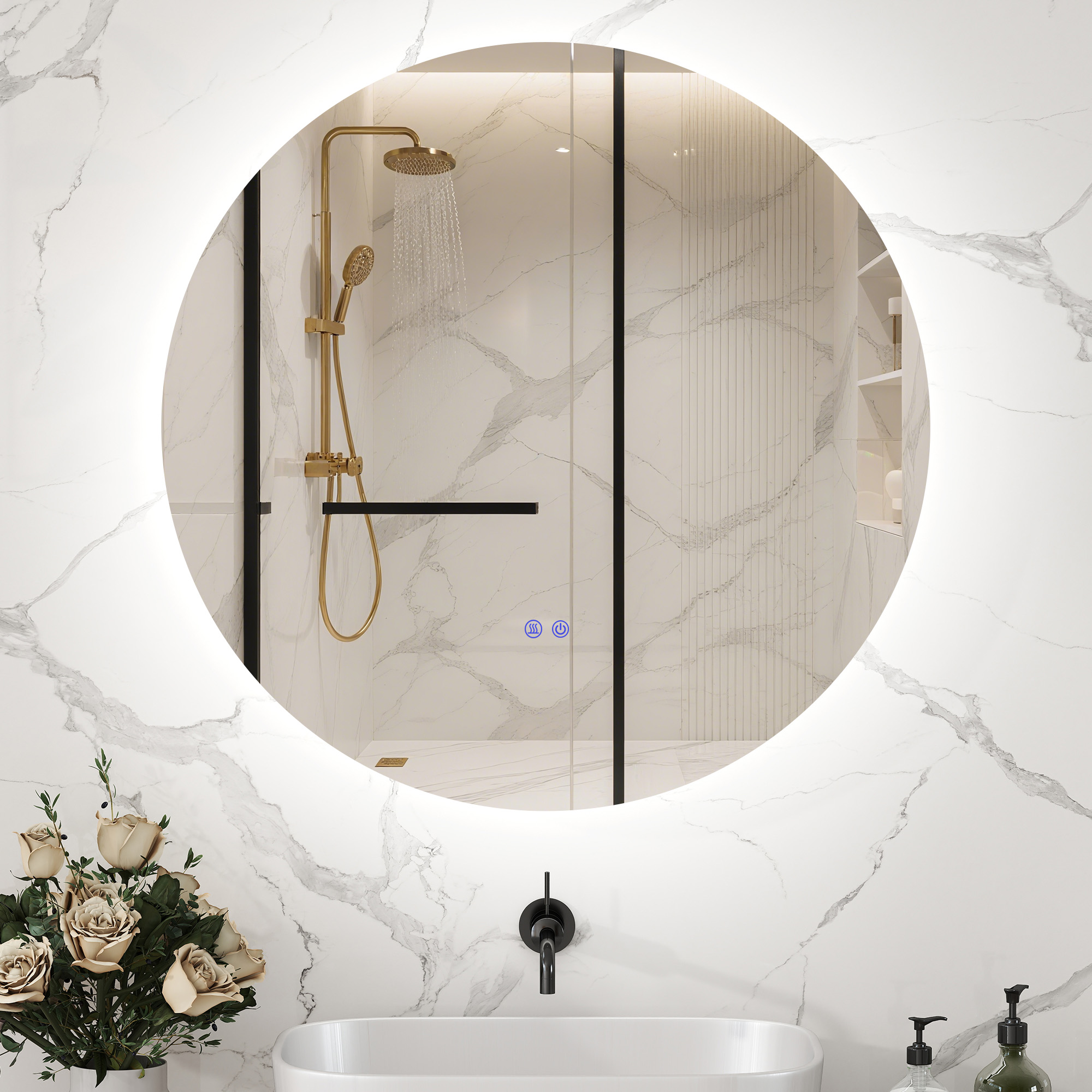 Runder, Led-beleuchteter Badezimmerspiegel Ø 60 Cm Zur Wandmontage Mit Touch-schalter, Antibeschlagsystem, 29 W, Grau