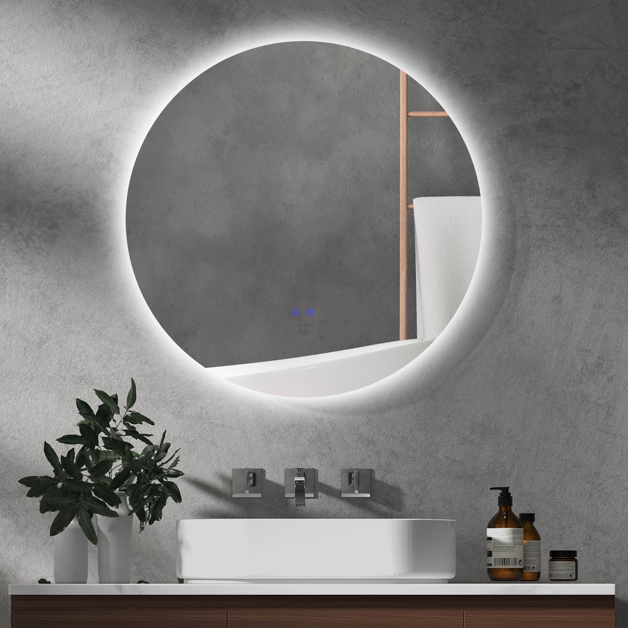 Runder, Led-beleuchteter Badezimmerspiegel Ø 70 Cm Zur Wandmontage Mit Touch-schalter, Antibeschlagsystem, 35 W, Grau