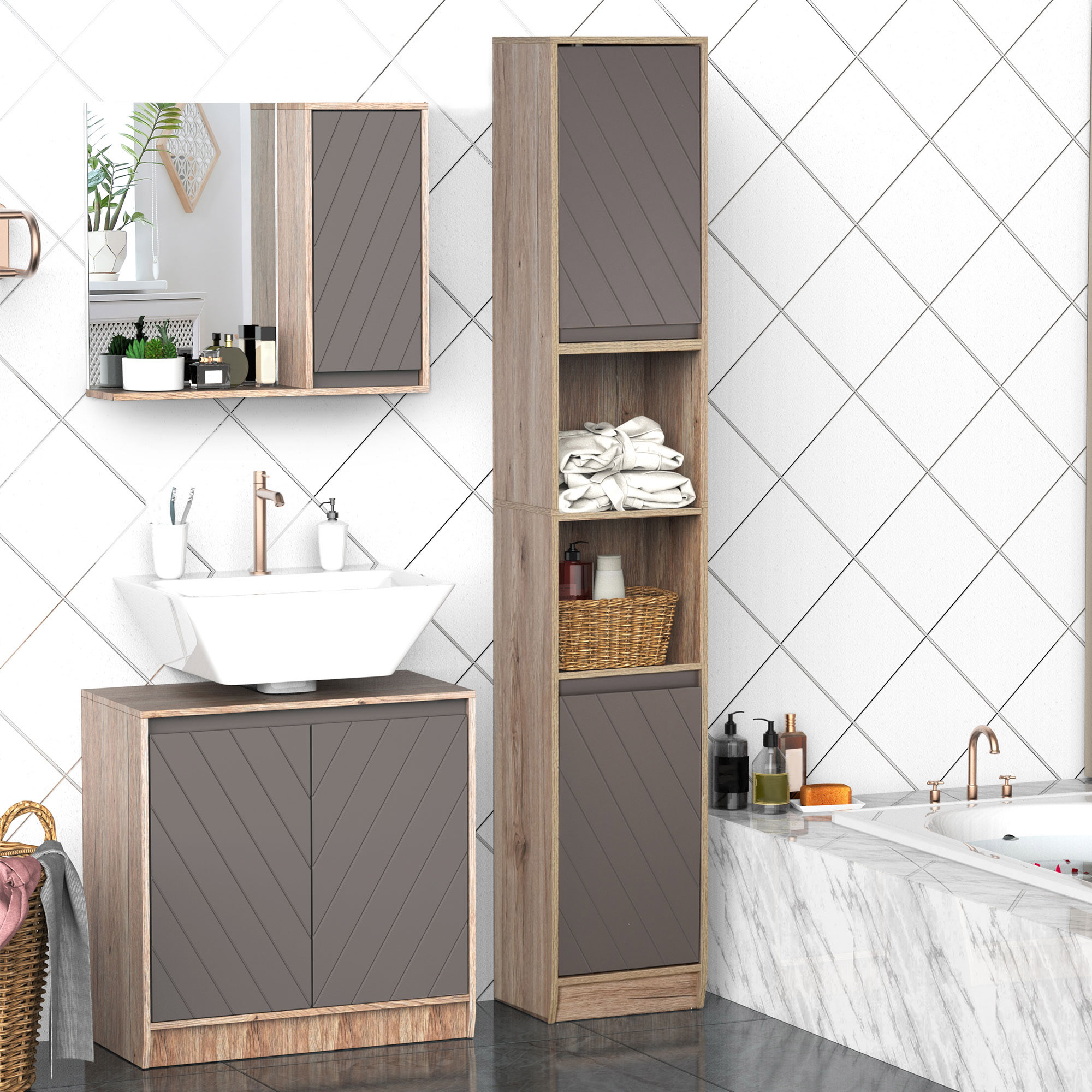 Platzsparender Badezimmerschrank Aus Holz, Bestehend Aus Zwei Schränken Und Verstellbaren Einlegeböden, Säulendesign, 30 X 24 X 170 Cm, Grau Und Eichefarben.