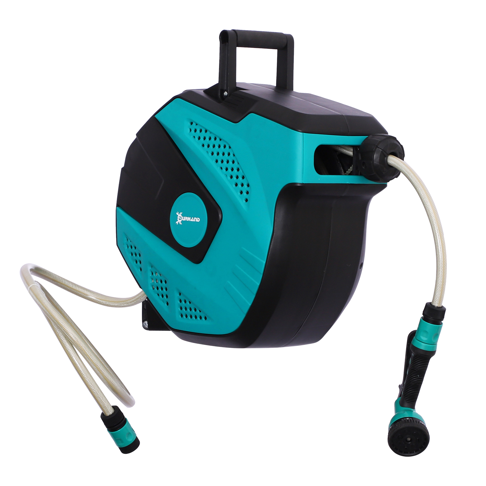 Rangement Mural Pour Tuyau D'Arrosage, Enrouleur Orientable 180°, Avec Buse Multi-jet, Antigel -5 À 45 °c, Plastique Vert Et Noir, 15 M