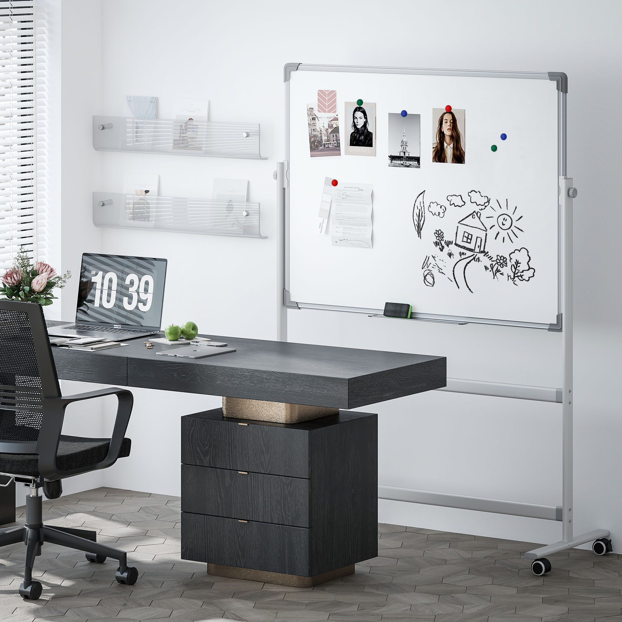 Doppelseitige Magnetische Whiteboard-tafel, Weiß, Mit Zubehör Und 4 Rollen, Aus Aluminium Und Stahl, 127 X 50 X 165 Cm