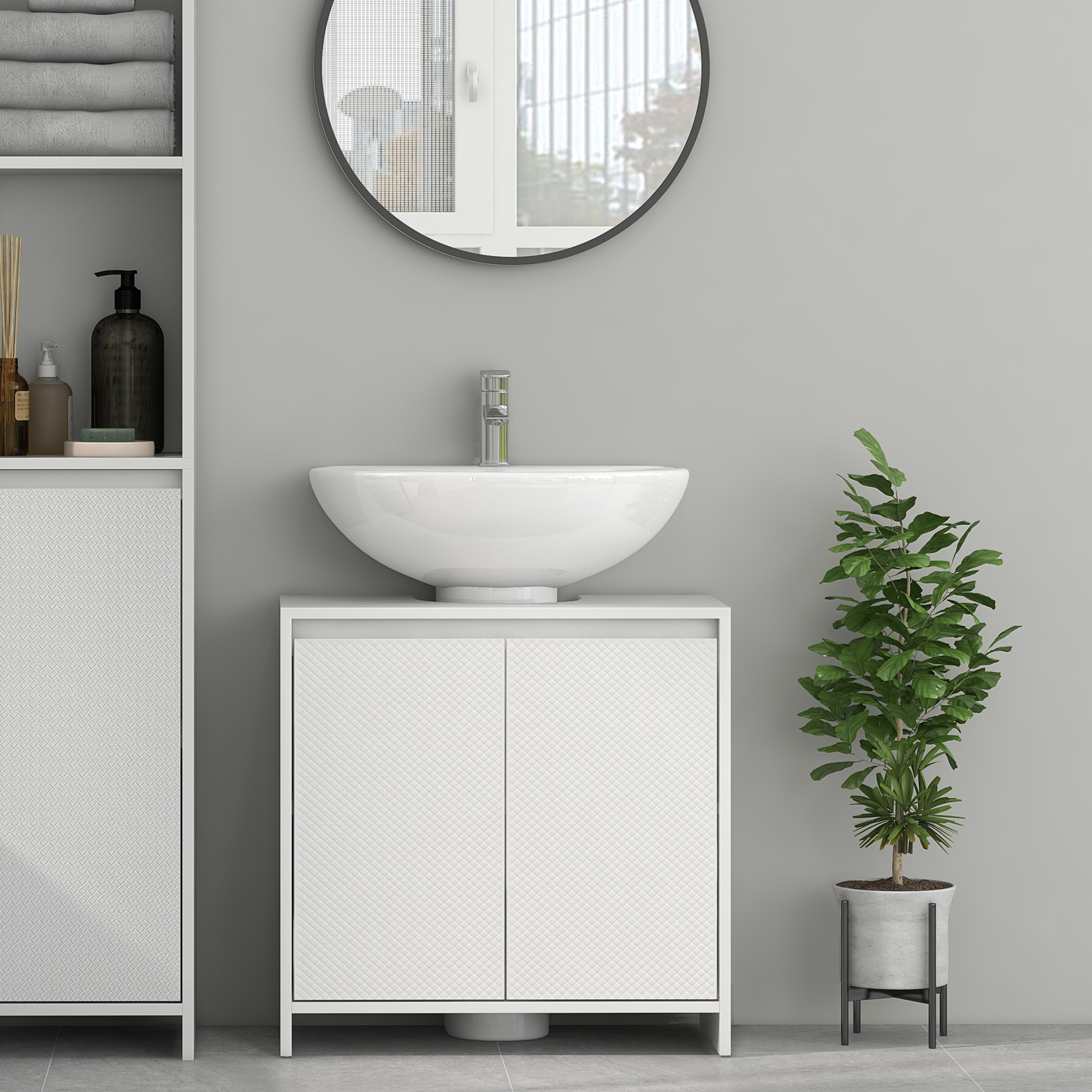Waschtischunterschrank Mit 2 Verzierten Türen Und U-förmiger Aussparung Für Wasseranschlüsse, 60 X 30 X 60 Cm, Weiß
