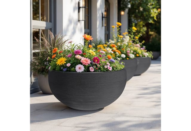 Spetebo - xxl Kunststoff Pflanzschale rund 58 cm - anthrazit - Garten Pflanzkübel groß mit Rillenmuster