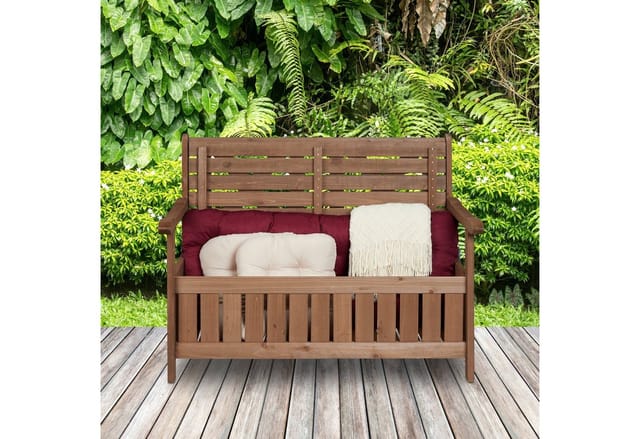 Relaxdays Gartenbank, Outdoorbank mit Stauraum, 2-Sitzer, HBT 85 x 115 x 60 cm, Sitztruhe mit Rückenlehne, dunkelbraun