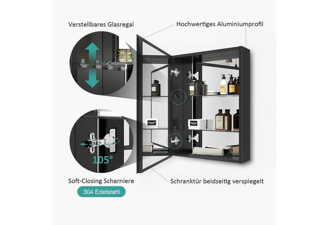 Spiegelschränke 50x65cm Spiegelschrank Badschrank mit Doppelseitiger Spiegel (Schwarz) - Emke