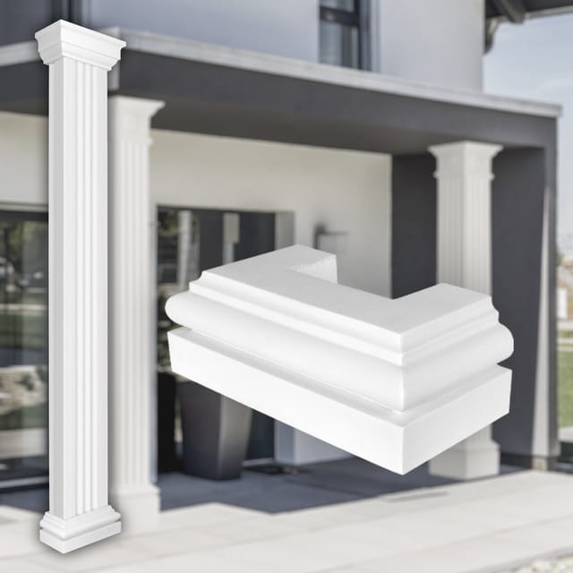 Prestige Decor - Säulen Und Halbsäulen Eckig Teils Kanneliert In 3 Größen, Fassadenstuck Modern Außen : Basis, Größe M - Halbiert