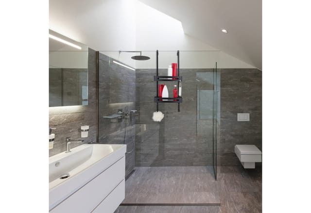 Duschablage zum Hängen, 2 Körbe, 8 Haken, Duschregal ohne Bohren, Aluminium, Shampoo Halterung Dusche, schwarz - Relaxdays
