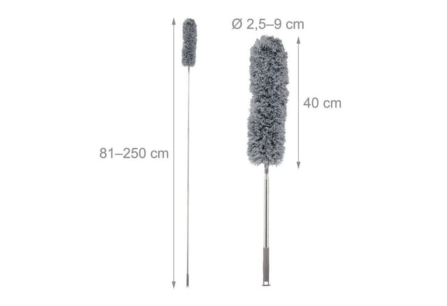 Relaxdays - Staubwedel, ausziehbare Telekopstange bis 2,5 m, waschbar, biegbar, Staubmagnet Mikrofaser, Staubwischer, grau